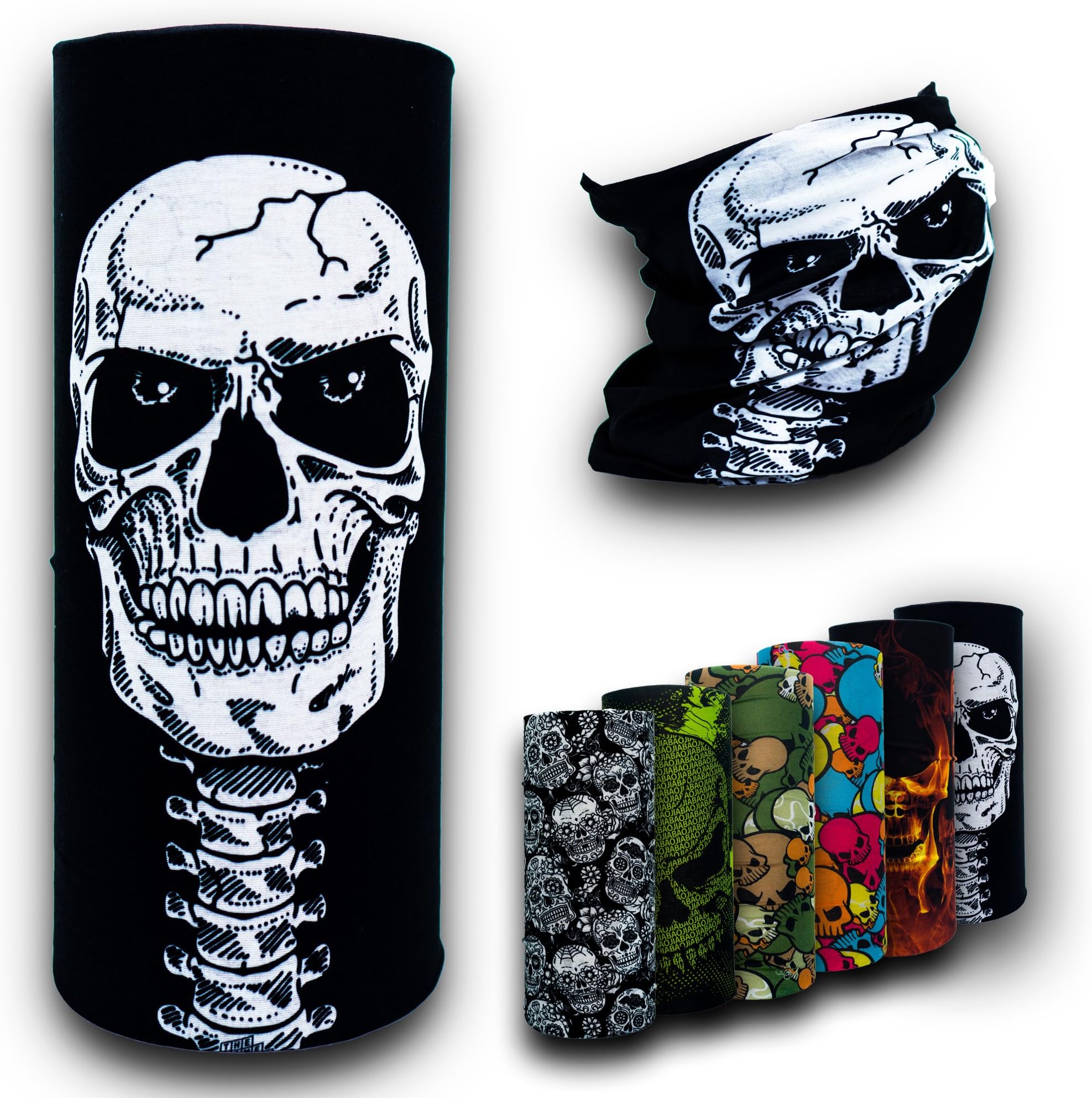 VersaScarf Skulls | Multi-Functional Head-Wear | Neck Tube Snood Balaclava Bandana Mask Scarf Warmer for Men, Women & Kids