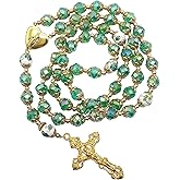 Nazareth Store Catholic Green Crystal Beads 10mm Rosary Flowers Beaded Necklace Miraculous Heart Locket Medal & Cross Religious Women Men Amulet 21" in Velvet Bag