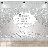 ONANNA 25th Wedding Anniversary Banner Decorations, Silver 25 th Wedding Anniversary Decorations Decor Poster Photography for Backdrop, Silver Happy 25 Anniversary Party Supplies, 72.8x43.3 inches