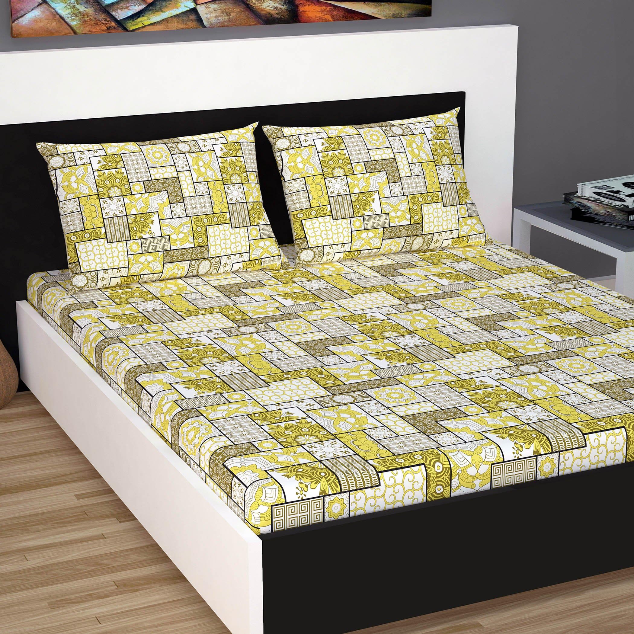 Divine Casa Classic 144 TC Cotton Double Bedsheet with 2 Pillow Covers - Yellow