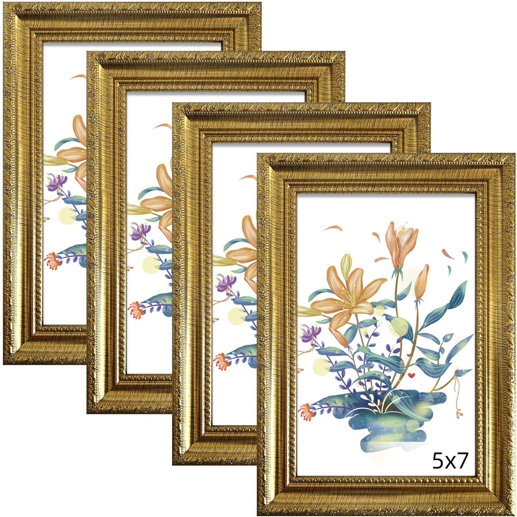Photo 1 of BESCRCL 5x7 Picture Frame with Real Glass Gold, Frames for Wall and Tabletop Display, Rustic Vintage Photo Frame, 4 Pack