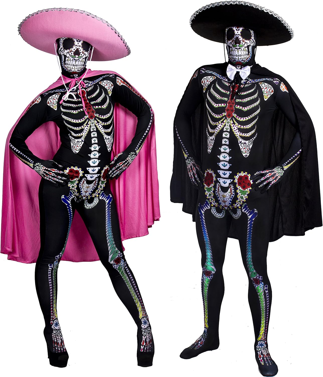 Tag Der Toten Paare Sugar Skull Skin Suit Kostum Mit Sombrero Und Umhang 2 Sugar Skull Skin Suits 2 Sombreos 1x Rosa Und 1x Schwarz Sowie 2 Umhange 1x Rosa Und