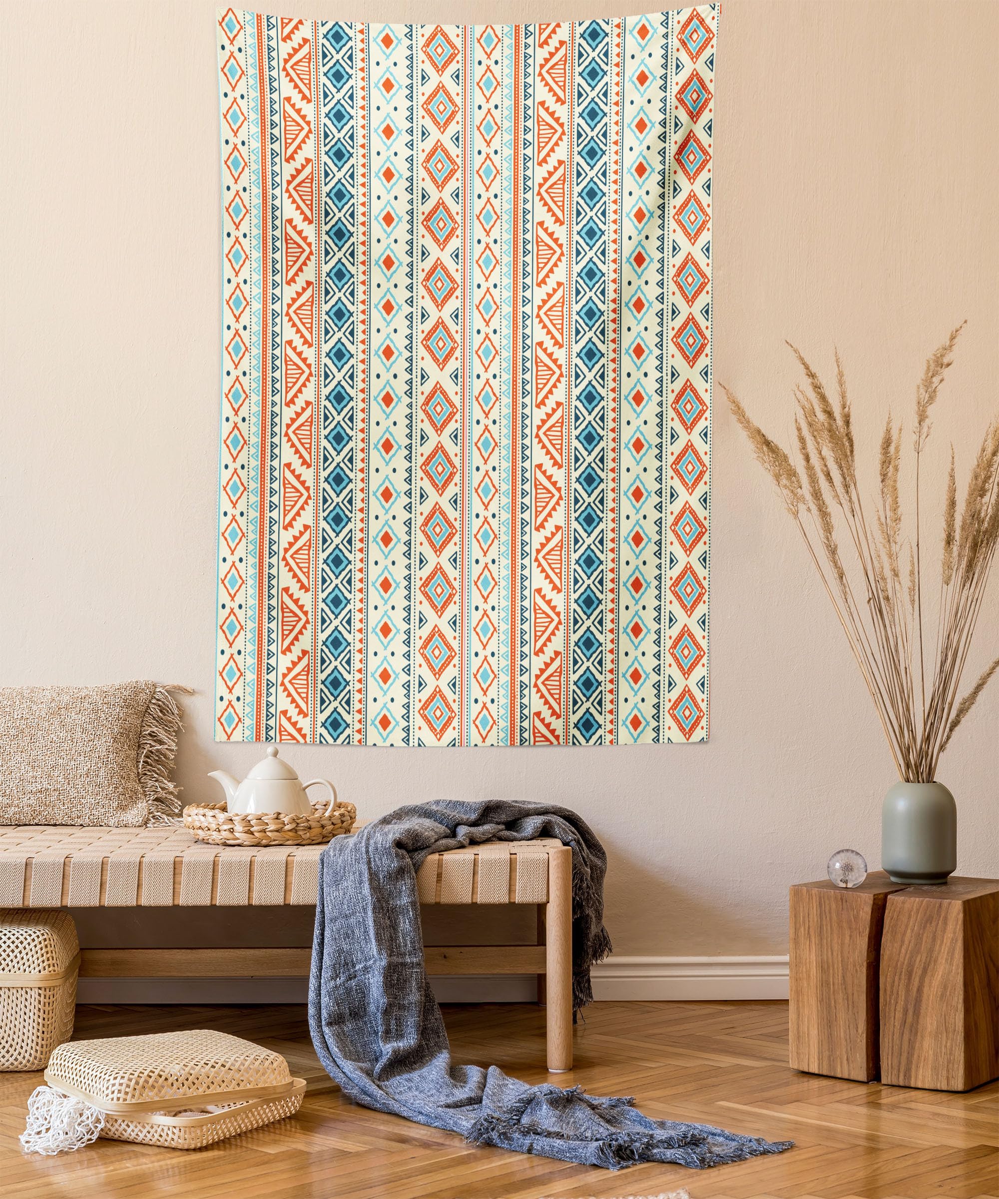 ABAKUHAUS Tribal Tapestry, Mexican Style Aztec Patterned Retro Hand Drawn Design Abstract, Fabric Wall Hanging Decor for Bedroom Living Room Dorm, 43 W X 58 L, Blue Orange Ivory