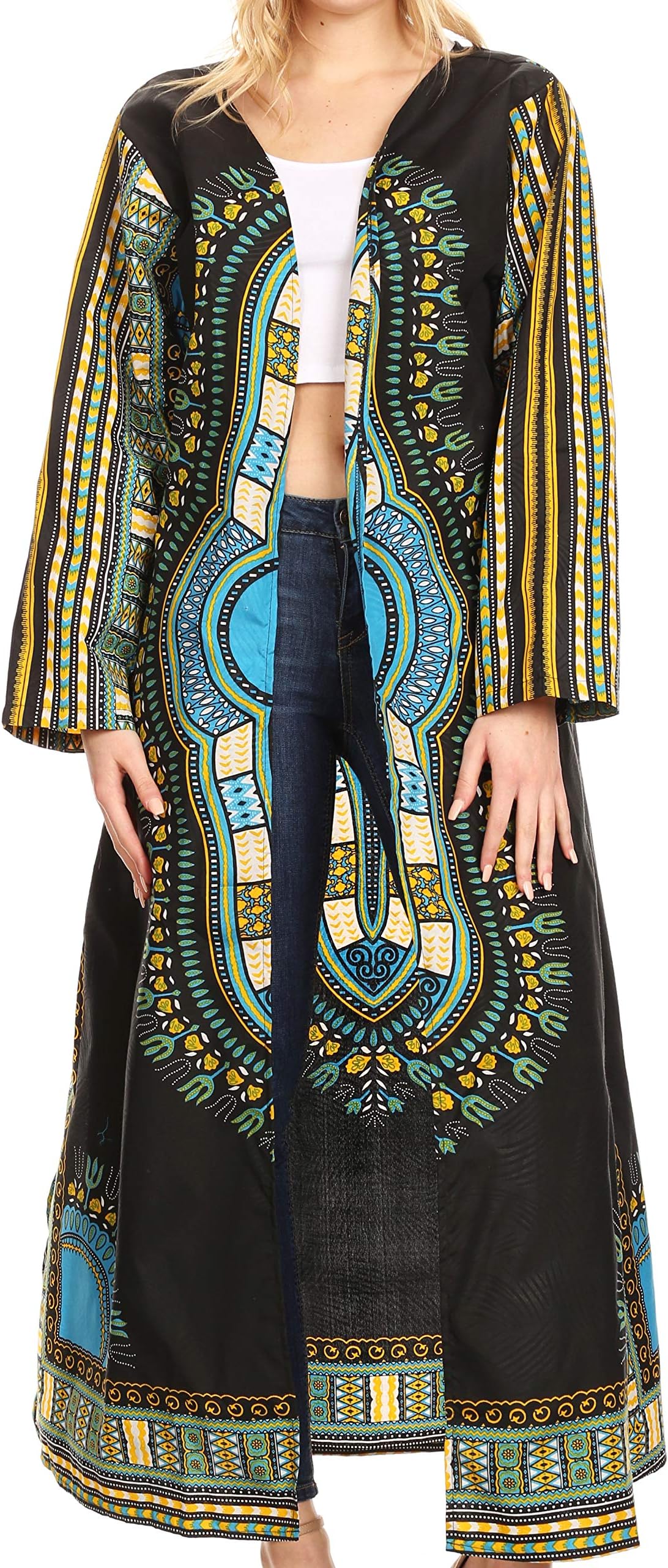 Sakkas Soledad Women's Long Sleeve Open Front Cardigan Dress Coat Dashiki African