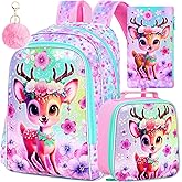 KLFVB 3PCS Deer Bookbag for Girls, Water Resistant Kids Backpack with Lunch Box, 16" Preschool Backpacks for Elementary - Deer Pink