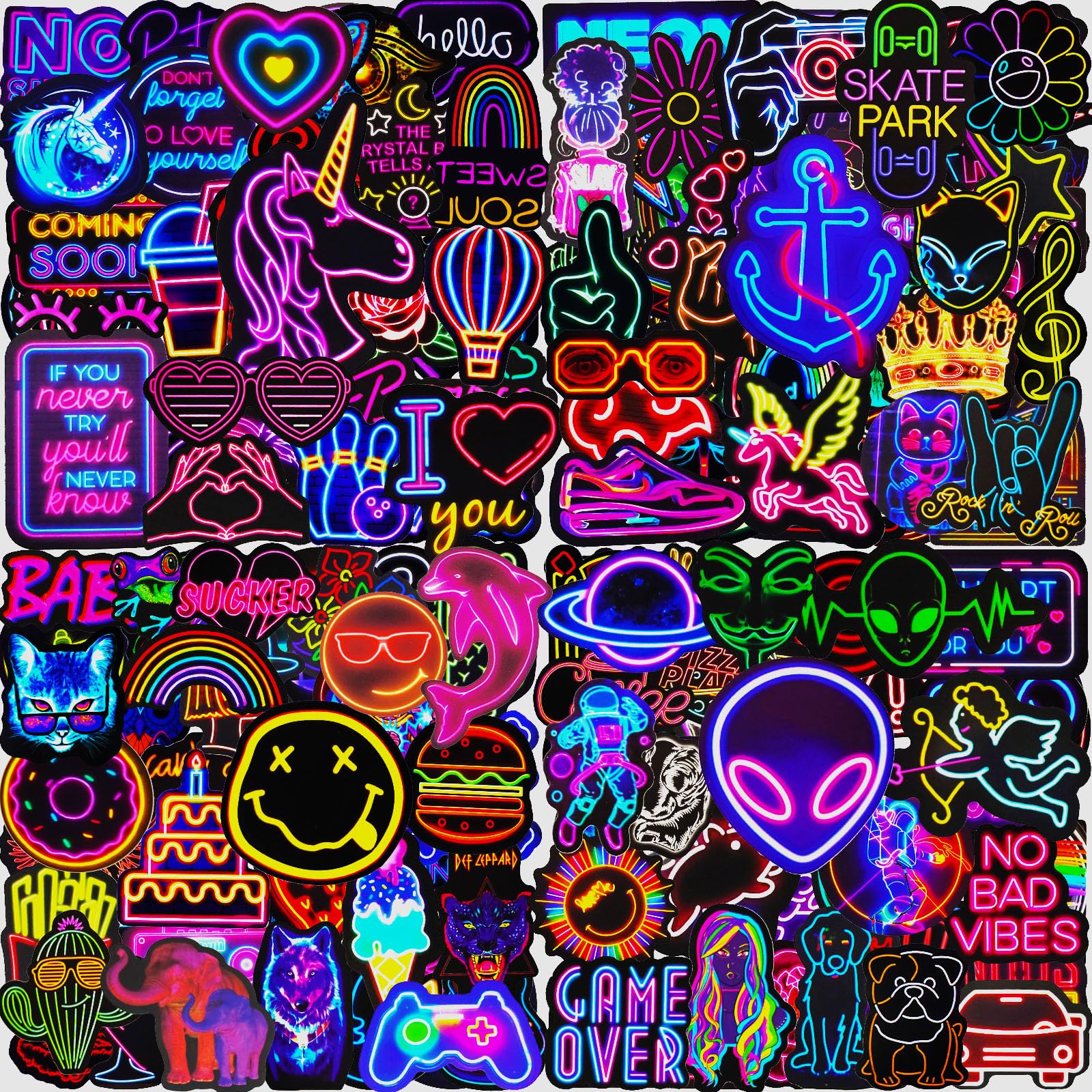 200 Pcs Cool Neon Stickers for Children Adults Teens, Teacher Reward Sticker Pack, Prizes for Kids, Waterproof Vinyl Stickers for Laptop Scrapbook Journal Skateboard Phone Guitar Suitcases Scooter etc