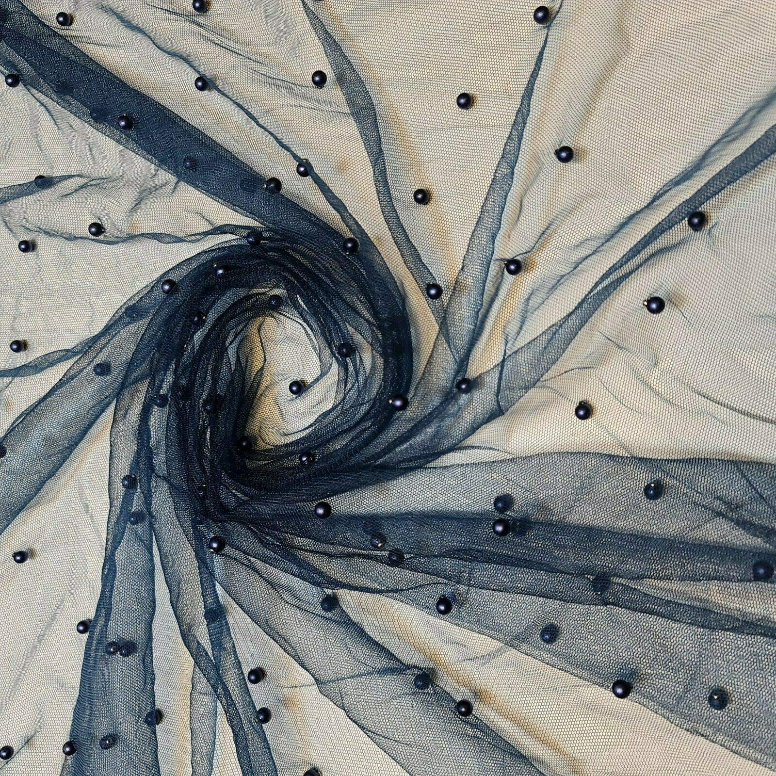 Textile Station 58" Wide Tulle Beaded Pearl Lace Net Fabric Bridal Veil Wedding Backdrop Décor Available in 25 Colours (Navy Blue, 1 Meter)