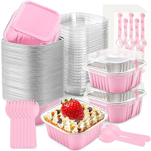 NPLUX 50 Pcs Mini Cake Pans with Lids and Spoons Aluminum Foil Mini Square Baking Cups with Lids Disposable Ramekins Cake Pans Dessert Cups for Wedding Birthday Party(Pink,5oz)