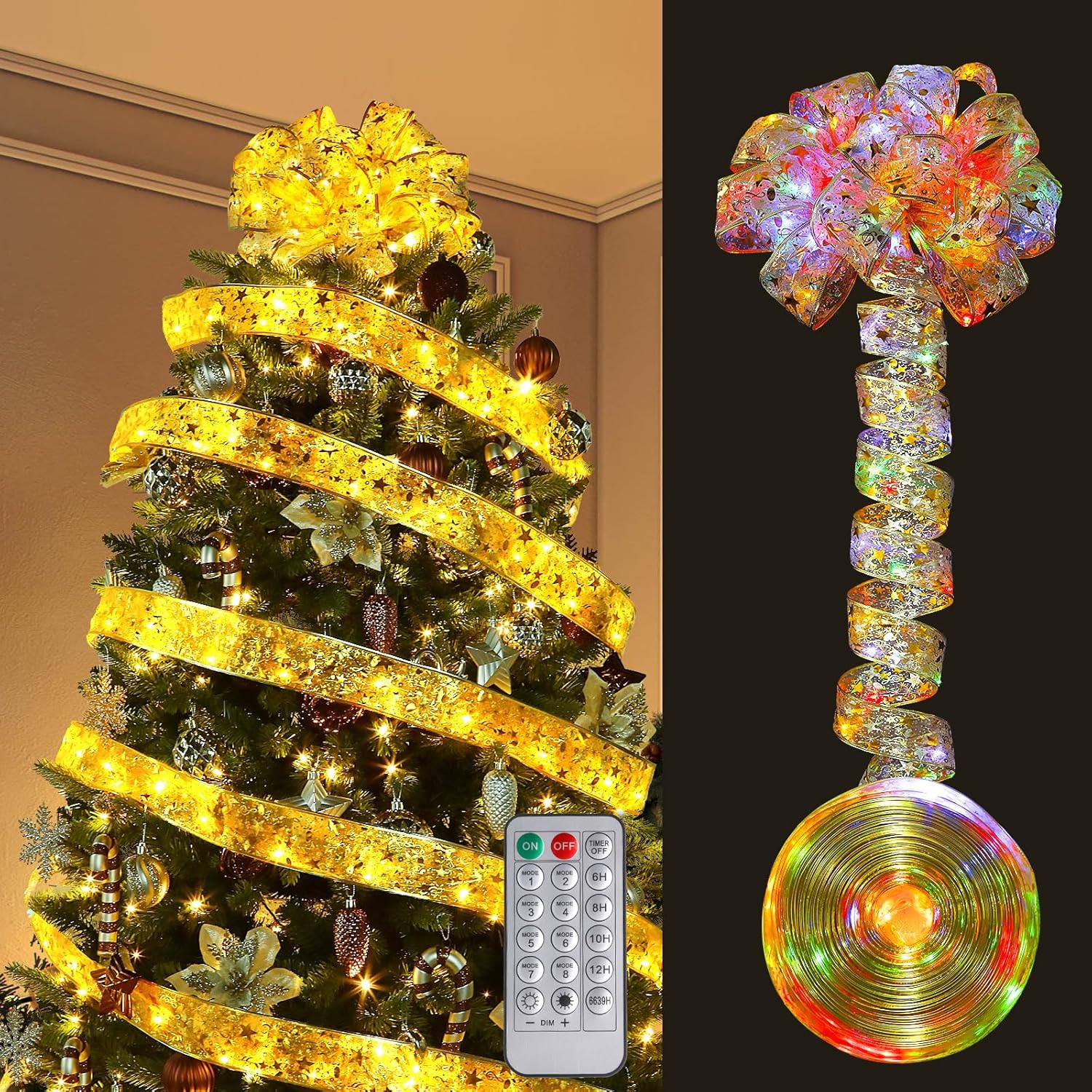 Tree Toppers - Alupssuc Christmas Tree Topper Bow with Lights, 62ft Ribbon Lighted for Christmas Tree, 250 LED Warm&Multi-Color Lights with Remote Timer Plug Christmas Decorations for Xmas Tree Topper New Year, Gold
