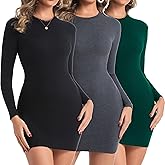 Chongbaijia 3 Pack Long Sleeve Dress for Women Ribbed Knit Crewneck Fall Winter 2026 Fashion Bodycon Mini Short Dresses
