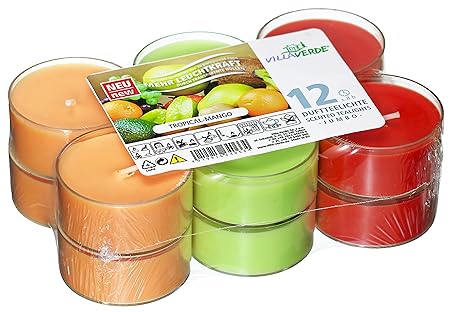 12 Maxi Duftteelichter, transparente Hülle, Duft: Tropical-Mango, Duftkerzen, Duftteelichte, Jumbo Teelichter, Maxilichte, Acryl Cup, Kunststoffhülle, 8 Stunden Brenndauer, Villa Verde