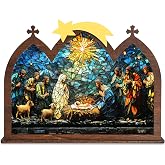 DINIZON Wooden Nativity Set, Wood Christmas Nativity Scene Set | 2 Layered Acrylic &amp; Wooden Suncatcher Table Top Boho Christmas Jesus Decorations, 5.5"x4.5", Miracle In A Manger Gift