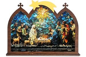 DINIZON Wooden Nativity Set, Vintage Christmas Nativity Scene Set, Miniature Holy Family Figurines, Table Top Christmas Jesus Decorations for Indoor Mantel Display, Miracle In A Manger Gift (Nativity Candle Holder)