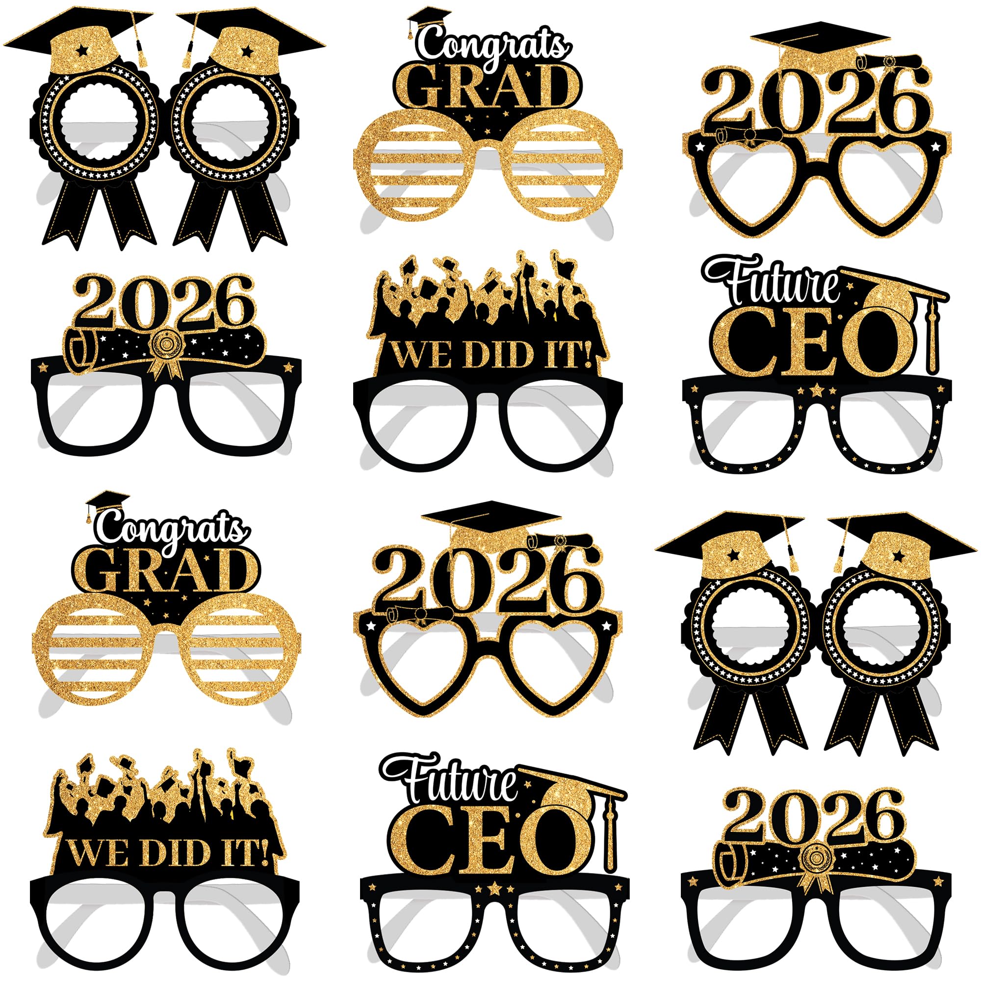 KatchOn, Black Graduation Eyeglasses 2025 - Pack of 12 | Graduation Glasses, Graduation Decorations Class of 2025 Black and Gold | Graduation Photo Booth Props for 2025 Graduation Party Decorations