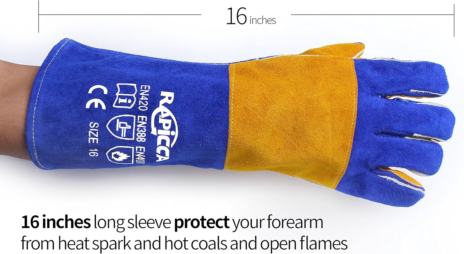 RAPICCA 16 Inches, 932℉, Leather Forge/Mig/Stick Welding Gloves Heat/Fire Resistant, Mitts for Oven/Grill/Fireplace/Furnace/Stove/Pot Holder/Tig Welder/Mig/BBQ/Animal handling glove with 16 inches Extra Long Sleeve– Blue - - 