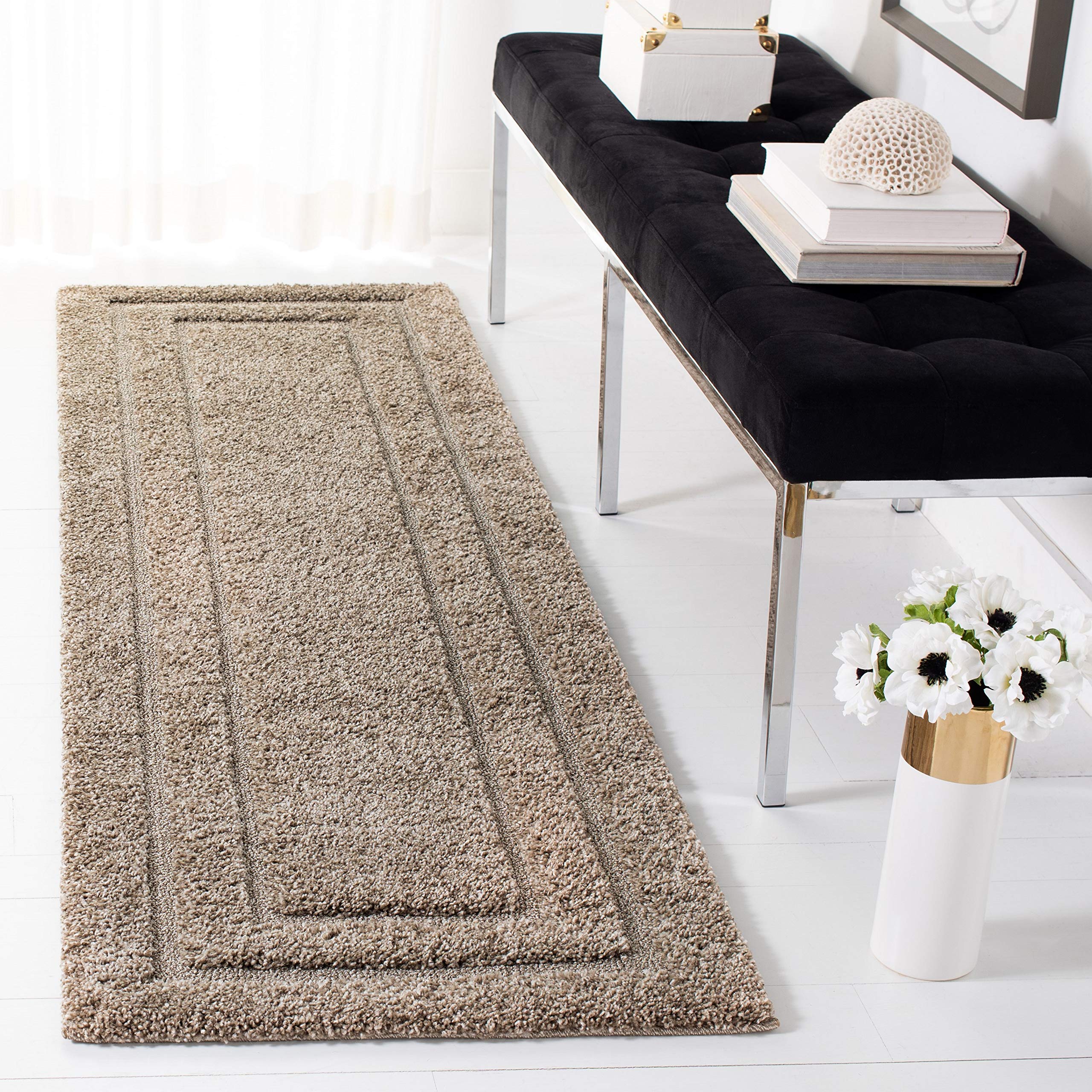 SAFAVIEH Florida Shag Collection SG454 Border Non-Shedding Living Room Bedroom Dining Room Entryway Plush 1.2-inch Thick Runner, 2'3" x 8' , Beige / Beige