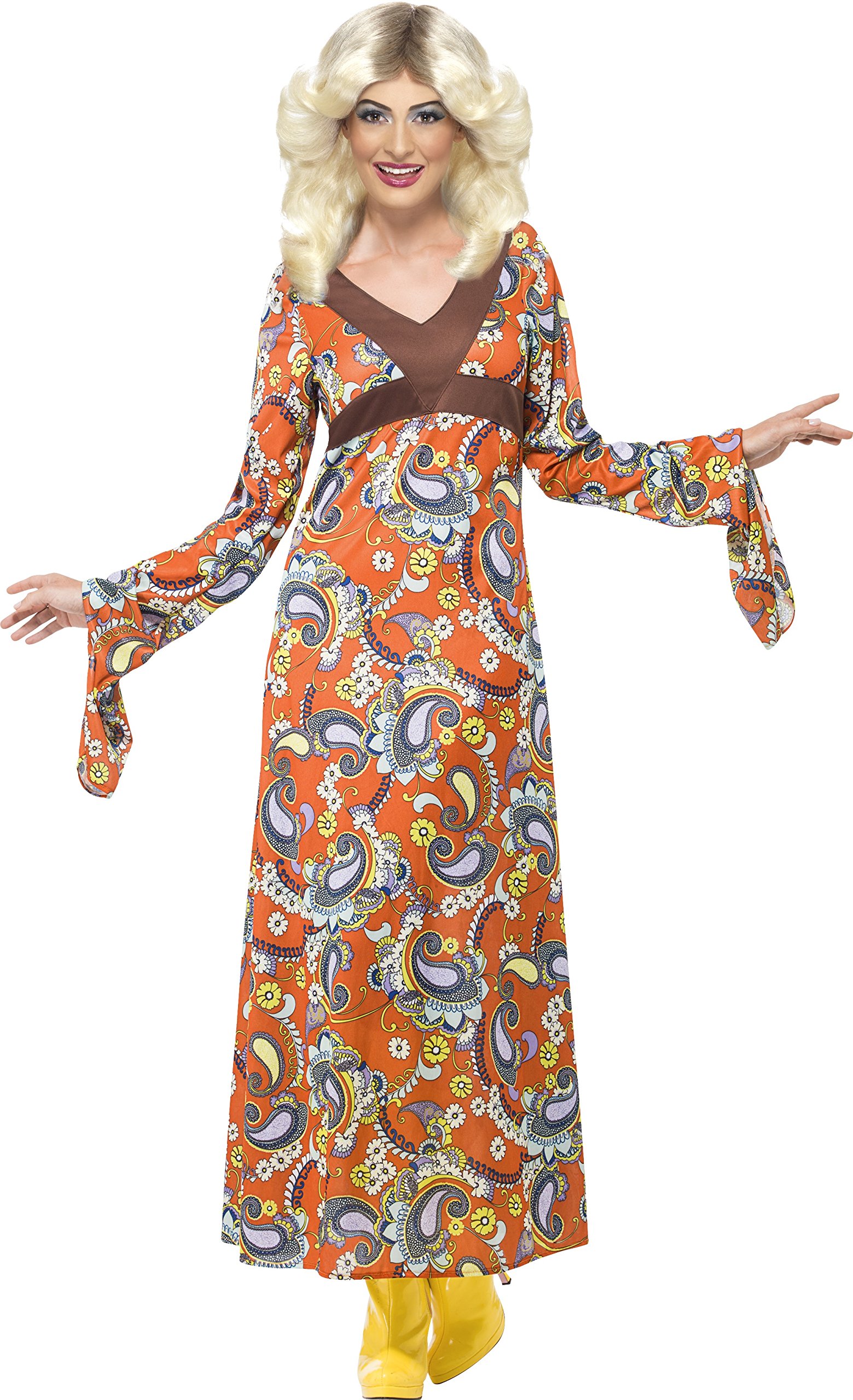 Smiffy's Women's Woodstock Maxi Dress, Long Sleeves and Paisley Print Dress, Size 8-10, Colour: Orange, 43835