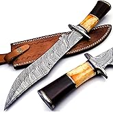 BK-40 Handmade Damascus Steel 15 Inches Bowie Knife - Beautiful Rose Wood Bone & Bull Horn Handle With Scabbard
