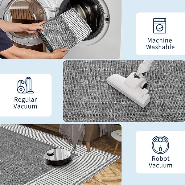 GARVEEHOME WASHABLE RUG 5X7 FOR BEDROOM LARGE LIVING ROOM RUG WITH RUBBER BACKING CASUAL STRIPED BORDER THROW CARPET MODERN CONTEMPORARY AREA RUG FOR DINING ROOM NURSERY ENTRY, GREY