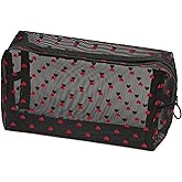 TOPASION Portable Mesh Makeup Bag with Zipper Small Travel Toiletry Bag Lightweight Cosmetic Pouch (Black Square Red Heart)