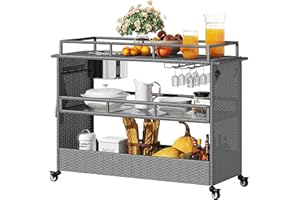 YITAHOME Portable Outdoor Wicker Bar Cart with Wheels Rattan Counter Table, Ice Bucket, 2 Steel Shelves and Serving Accessories, Patio Kitchen Island Cart for Pool Deck Backyard - Grey