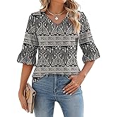 LOMON 3/4 Length Sleeve Womens Tops Summer V-Neck Blouses Spring Ruffle Sleeve Tunic T-Shirts Dressy Casual