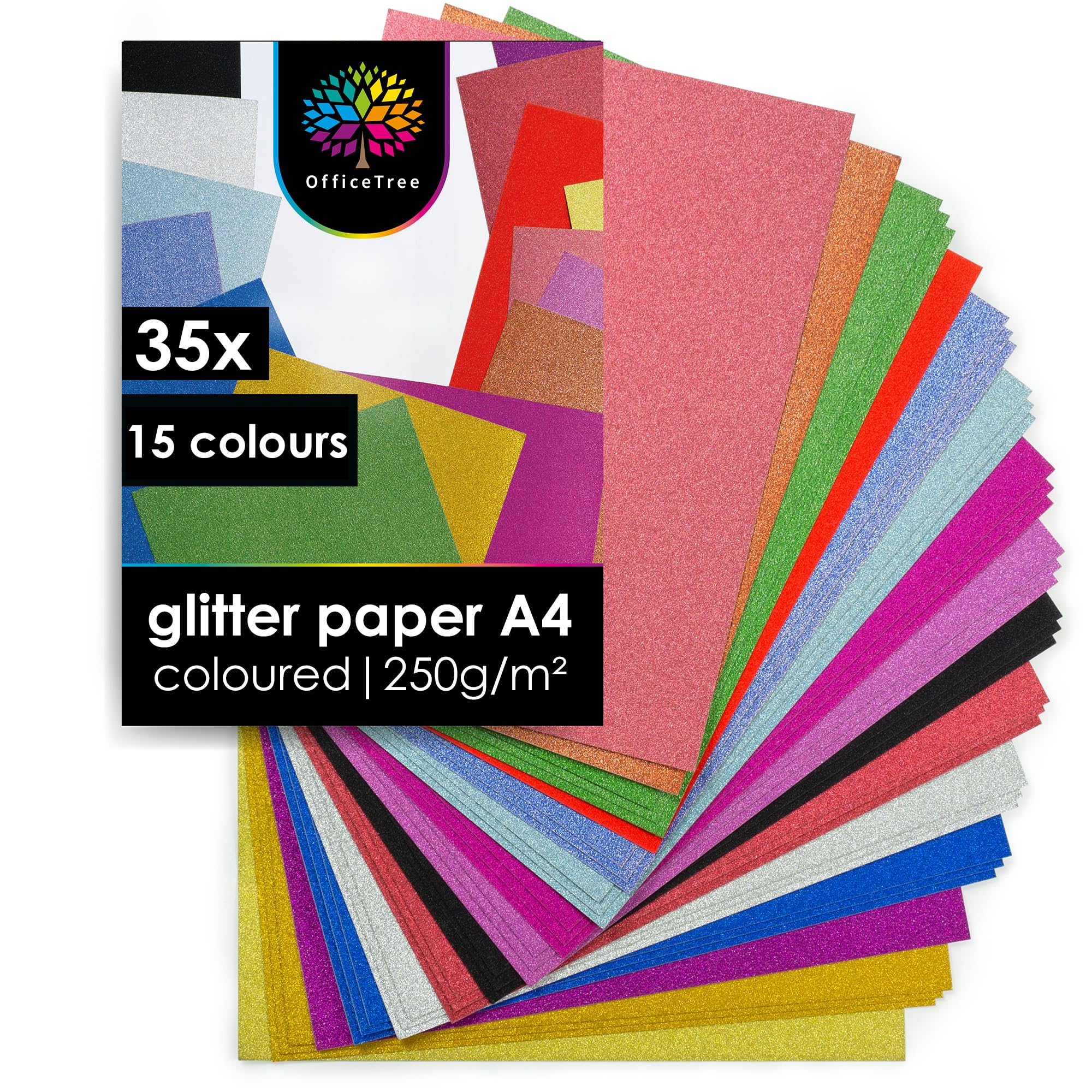 OfficeTree Glitter Paper A4 - 35 Sheets, 15 Colors, 250g/m² - Shiny Cardstock for Crafting and Creating