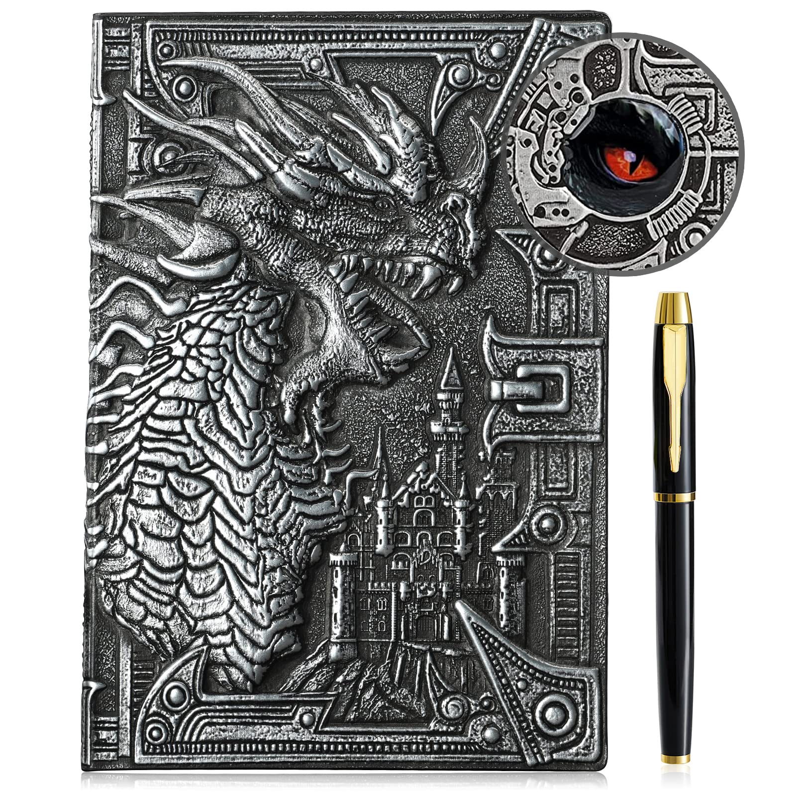 3D Dragon Embossed Journal Writing Notebook with Pen Set,Hardcover DND Journal Handmade Daily Notepad Travel Diary,RPG Accessories Gift for Men Women(Silver)