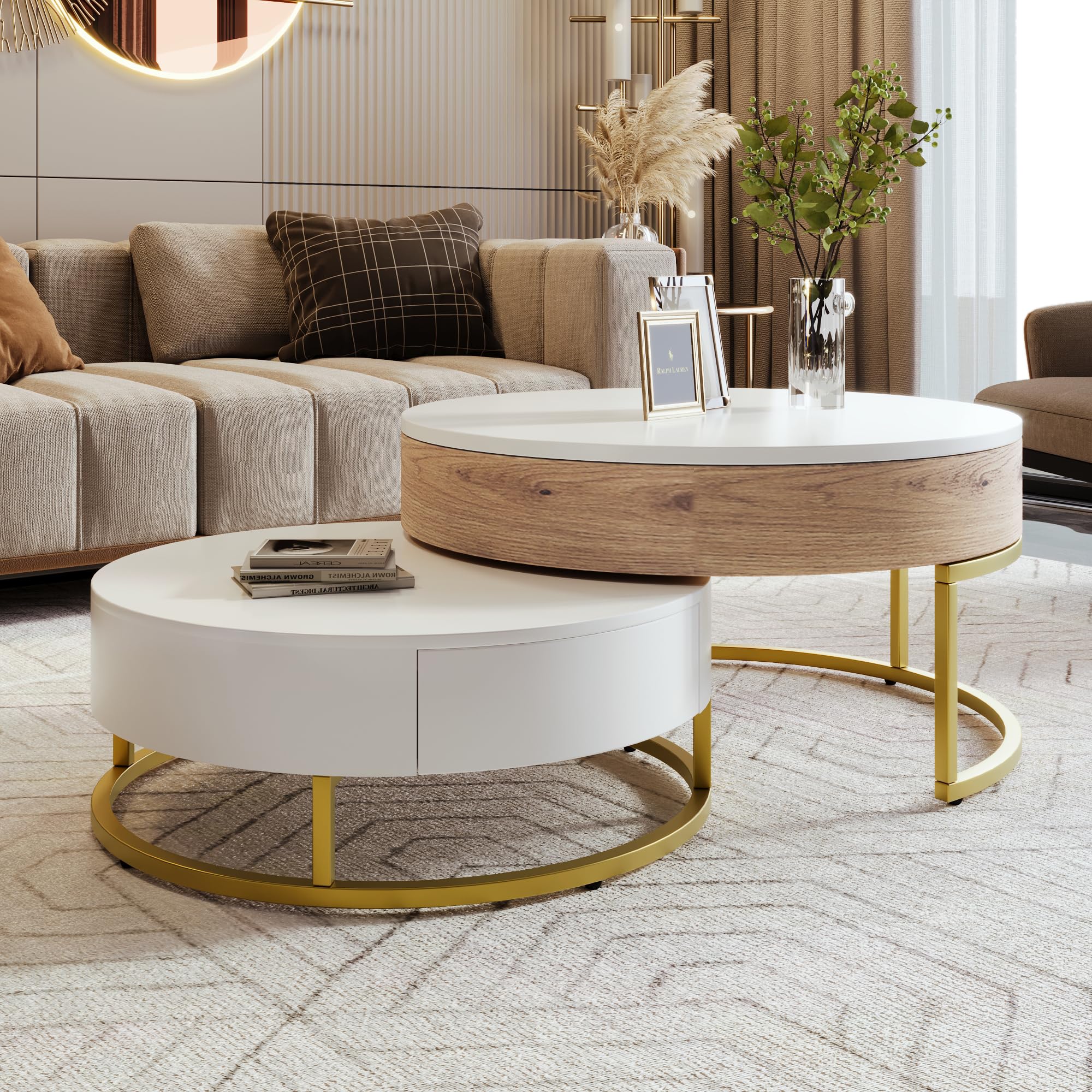Photo 1 of Modern Lift-Top Nesting Coffee Table with Drawers Hidden Compartment Adjustable Storage Shelf, Furniture for Living Room