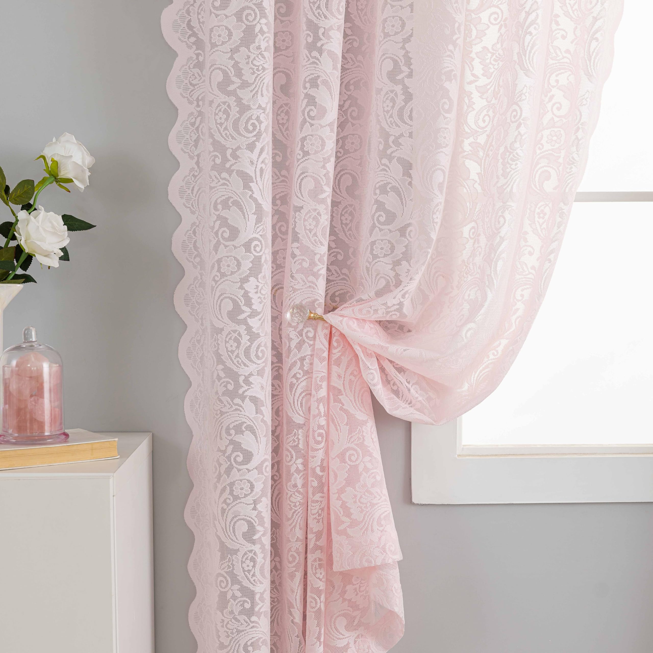 ALIGOGO Pink Curtains for Girls Bedroom Nursery 63 Inches Lenght 2 Panels Elegant Floral Lace Sheer Coquette Curtains for Living Room Rod Pocket Drapes Pink Bathroom Home Office Decor Aesthetic