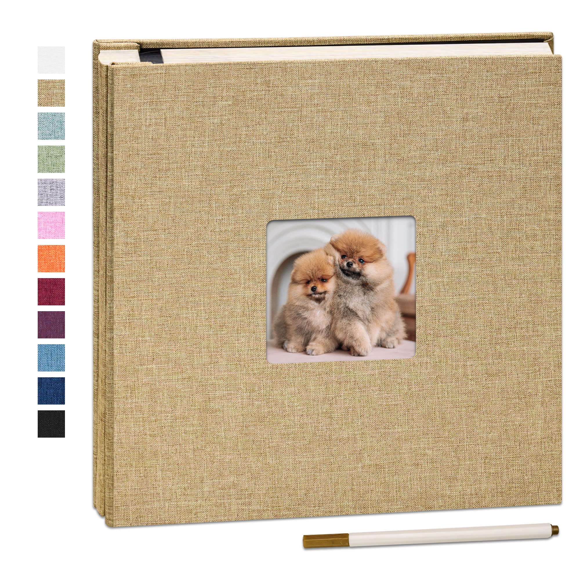 Yopih Self Adhesive Photo Album 28x27cm Fits 10x15 8x13 13x18 15x20 20x25 cm Photo Scrapbook with Window 40 Pages Linen Cover with A Metallic Pen DIY Memory Book for Baby Wedding Family Khaki