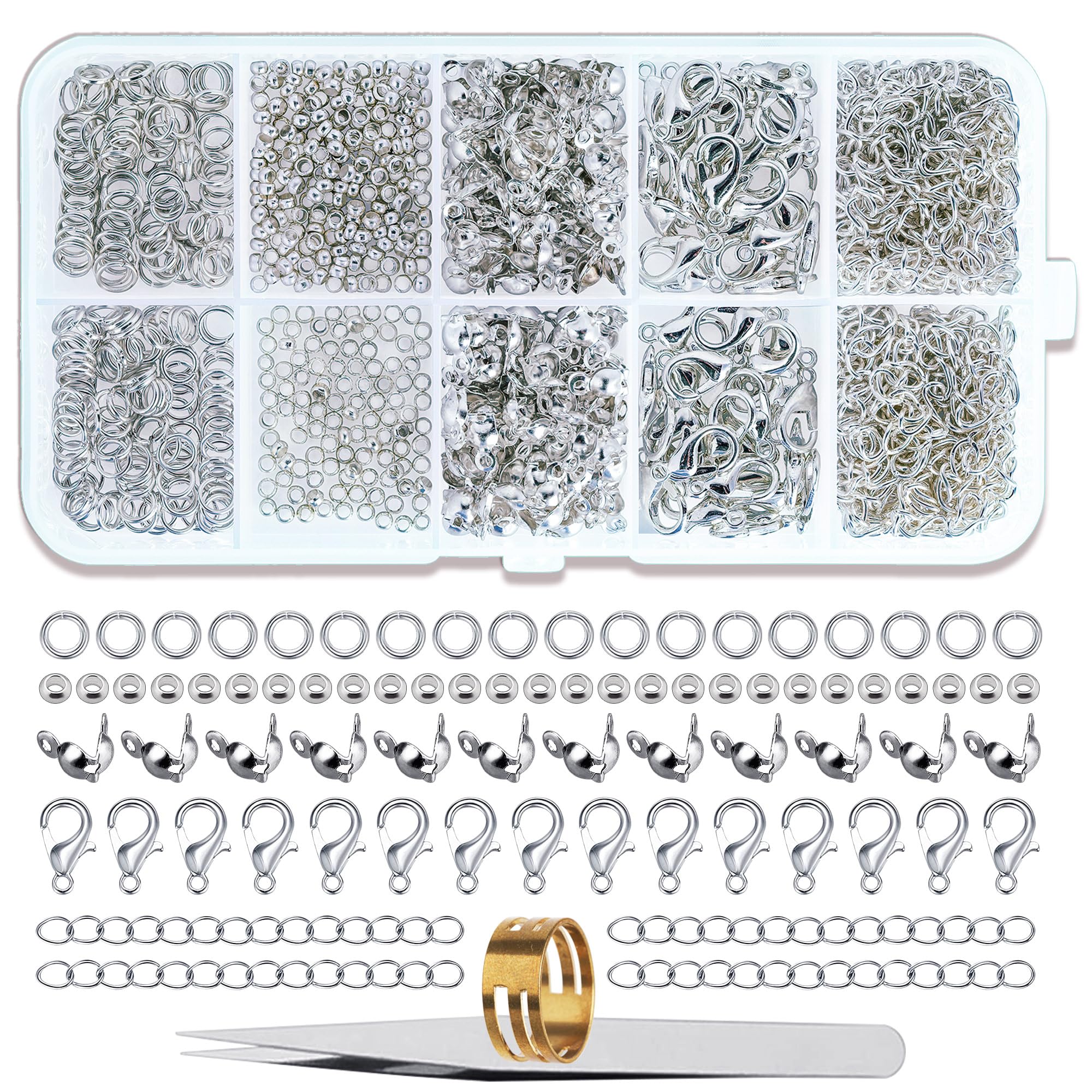 SOSMAR 902 Pcs Jewellery Clasps Set, Lobster Clasps with Jump Rings, Crimp Covers, Crimp Beads, Chain Extender & Tweezer, Bracelet Clasp Kit Necklace Connectors for Jewellery Making DIY Craft, Silver