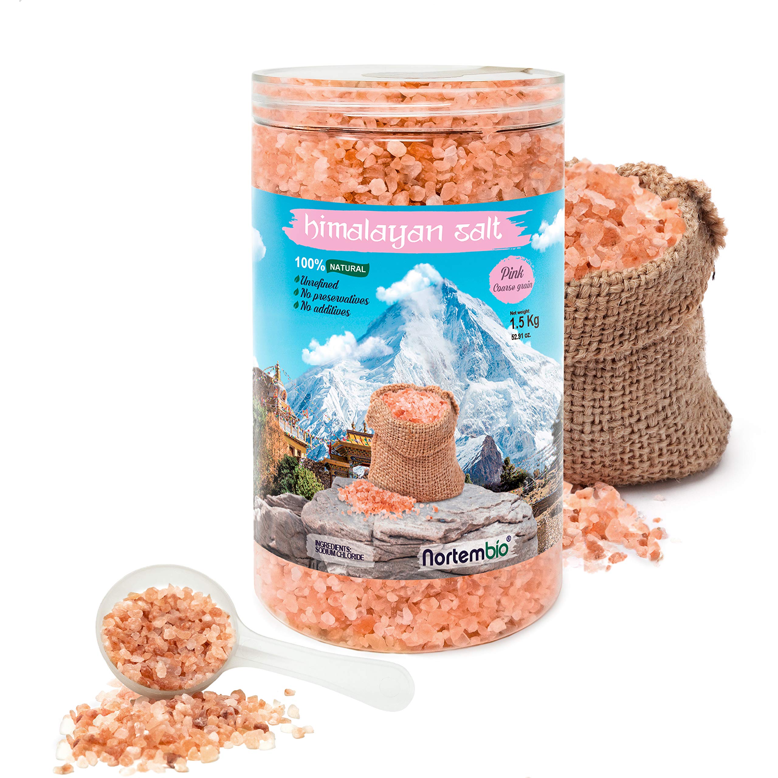 Nortembio Pink Himalayan Salt 1.5 Kg. Coarse Grain (2-5 mm). 100% Natural. Unrefined. No-preservatives. Harvested by Hand. Premium Quality.