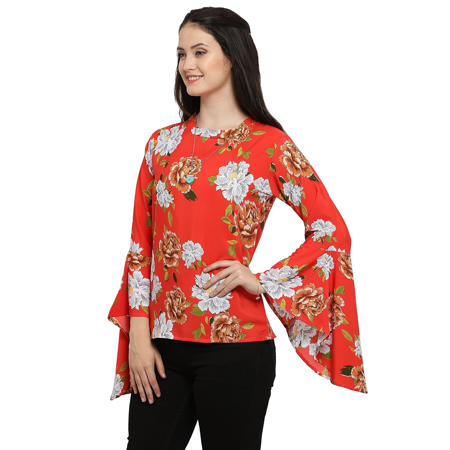 serein women's top (orange printed floral with flute sleeves)