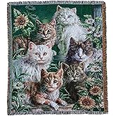 EZ.enjoy Garden Cat Flower Woven Tapestry Throw Blanket Wall Hanging Art Handicrafts Jacquard Multipurpose Soft Travel Mat Outdoor with Fringe Tassels 50 X 60 Inches