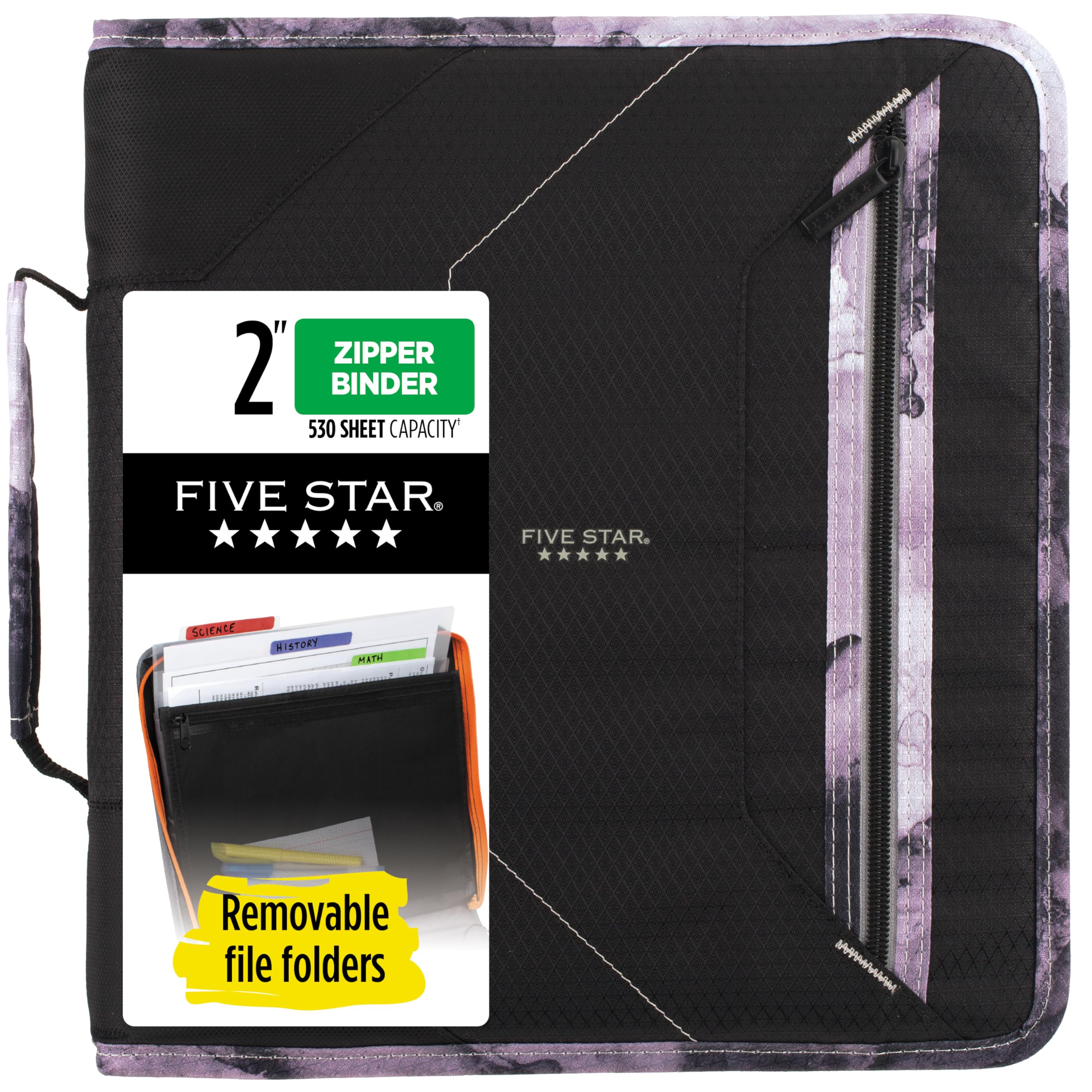 Photo 1 of Five Star Zipper Binder, 2 Inch 3-Ring Binder for School, 530 Sheet Capacity, 3 Removable Tabbed File Folders, Black (29036IT8)