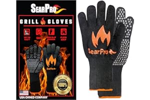 SearPro BBQ Grill Gloves Cooking Oven Mitts Fire Heat Resistant to 1400 Degrees Accessories for Barbecue Smoker Egg Fryer Hamburgers Pizza Steaks- Crock pots/Slow cookers -USA Owned Company-