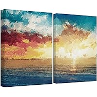 SIGNWIN Canvas Wall Art Bright Orange Sunrise with Blue Sky Over The Sea Coastal Ocean Oil Painting Abstract Modern Scenic Relax/Calm for Living Room, Bedroom, Office - 16