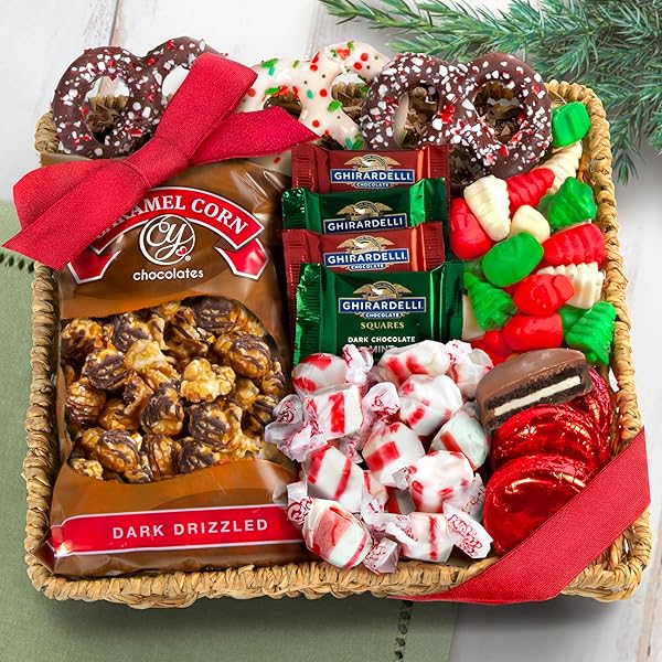 A GIFT INSIDE HOLIDAY CLASSIC CHOCOLATE, CANDY & CRUNCH GIFT BASKET WITH HANDMADE CHOCOLATES, GHIRARDELLI, CARAMEL CORN FOR GOURMET CHRISTMAS FOOD GIFT