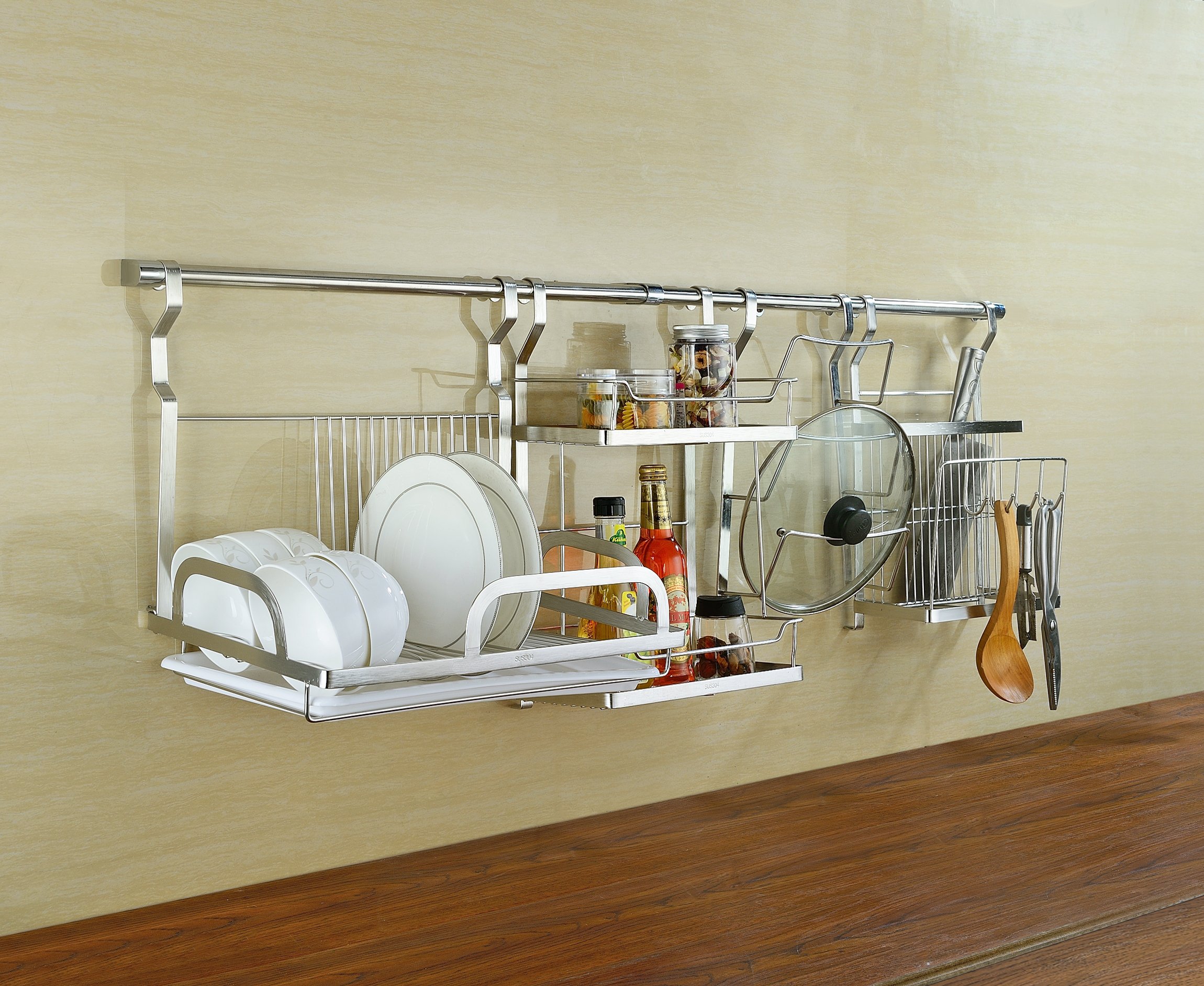 KuanGuang Kitchen Knife Holder Stainless Steel Wall Mounted Utensil Rack Organizer with 4 Hooks (Silver White)