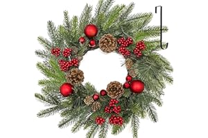 NISOGER 22 Inch Christmas Wreaths for Front Door with Hanger Red Ball Ornaments Berries Pine Cones Xmas Winter Wreath for Home Wall Window Porch Thanksgiving Holiday Indoor Outdoor Decor