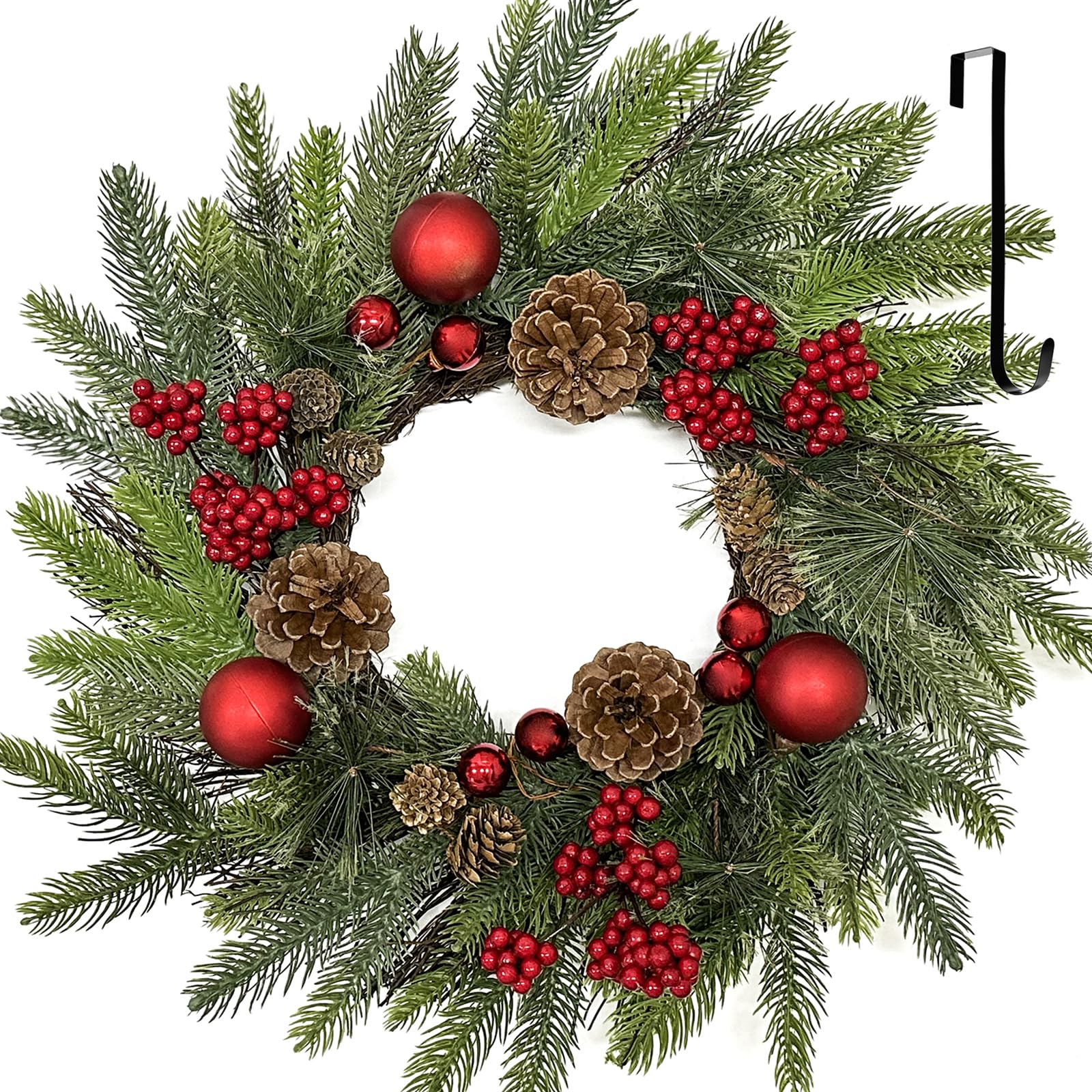 Photo 1 of **DAMAGED** 22 Inch Christmas Wreaths for Front Door with Hanger Red Ball Ornaments Berries Pine Cones Xmas Winter Wreath for Home Wall Window Porch Thanksgiving Holiday Indoor Outdoor Decor