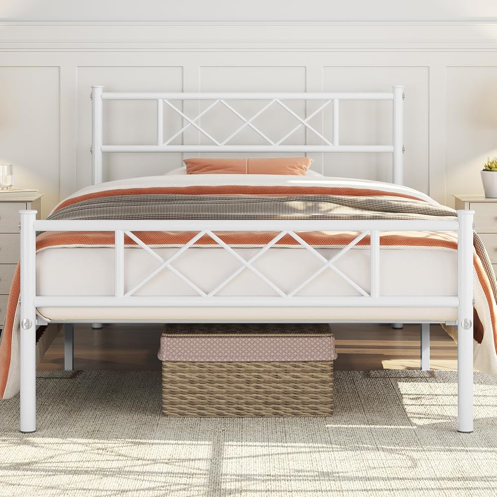Yaheetech 3ft Single Bed Frame White Metal Slatted Mattress Foundation