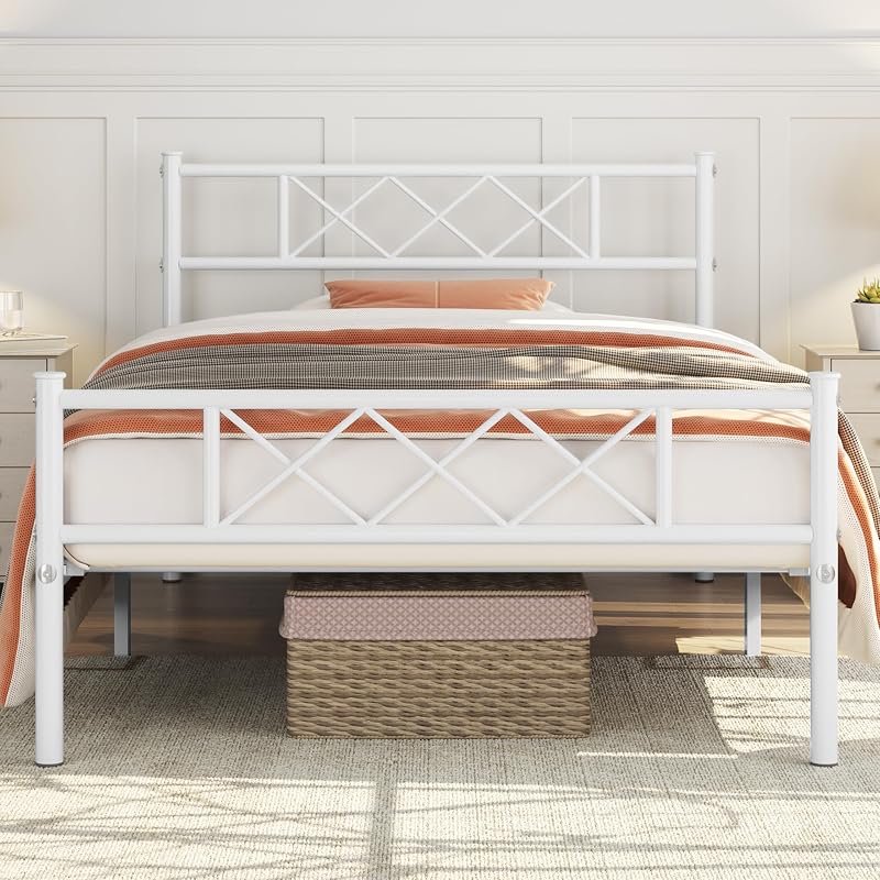 Yaheetech 3ft Single Bed Frame White Metal Slatted Mattress Foundation