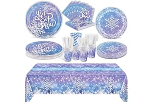 durony 193 Pieces Winter Snowflake Party Tableware Set Frozen Birthday Paper Plates Napkins Cups Tablecloth Disposable Dinnerware for Winter Christmas Wonderland Frozen Party Supplies, Serve 24 Guests