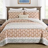 AJOCCI Terracotta Comforter Set, Cotton Quilt King Size, Orange Gray Quilt Set Bedding Set, Soft Striped Bedspread Set King All Season 3 Piece
