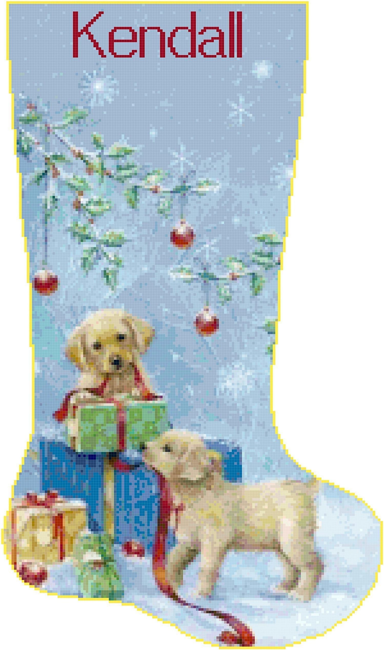 Pattern Only Cross Stitch Christmas Stocking Golden Retriever Pups with Name