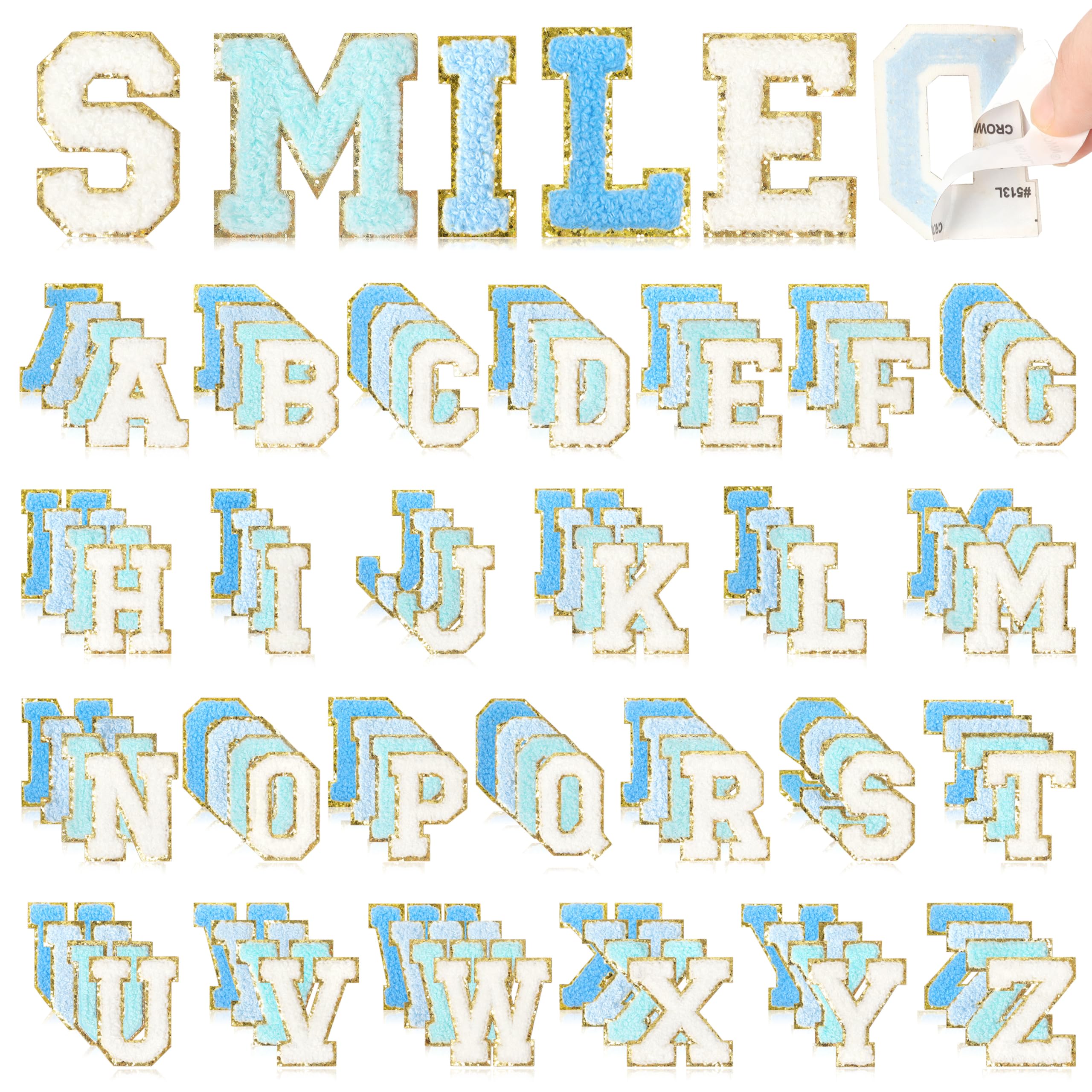 Photo 1 of NICEVINYL Self-Adhesive Chenille Letters Patches: 104PCS Blue-Colored Letter Patches Stickers - Varsity Initial Patch for Clothing Backpacks Make-up Bags DIY Gifts Decor