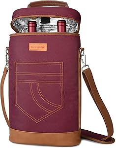 Tirrinia 2 Bottle Wine Tote Carrier - Insulated & Padded Versatile Cooler Bag for Travel, BYOB Restaurant, Wine Tasting, Party, Great Gift for Wine Lover, Red