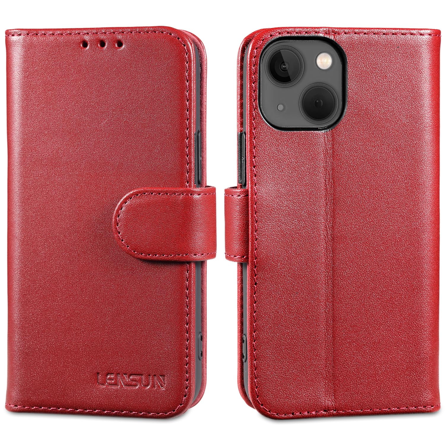 LENSUN Case for iPhone 13 Mini, Genuine Leather Wallet Flip Phone Cover [RFID Blocking] with Card Holder Shockproof Compatible with Apple iPhone 13 Mini- Wine Red